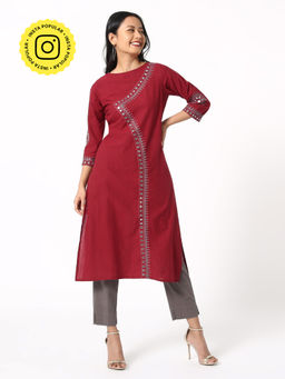 Okhai - Maroon Ruby Embroidered Cotton Kurta