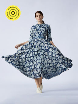 Okhai - Navy Blue Natura Hand Block Printed Midi Dress