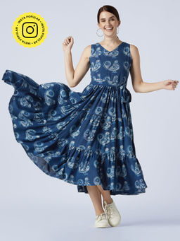 Okhai - Navy Blue Freedom Hand Block Printed Midi Dress