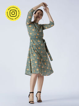 Okhai - Teal Orange Bloom Hand Block Print Knee Length Dress