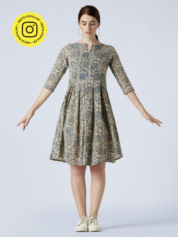 Okhai - Beige Bird Spirit Cotton Kalamkari Knee Length Dress