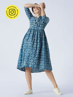 Okhai - Blue Tea-Date Cotton Hand Block Midi Dress