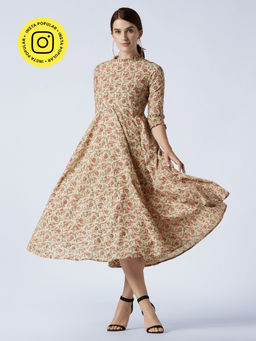 Okhai - Beige Lily Love Pure Cotton Hand Printed Dress