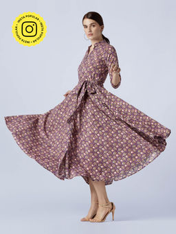 Okhai - Purple Swirl Pure Cotton Hand Block Printed Dress