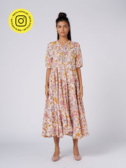 Okhai - Pink Fragrance Hand Block Printed Midi Dress