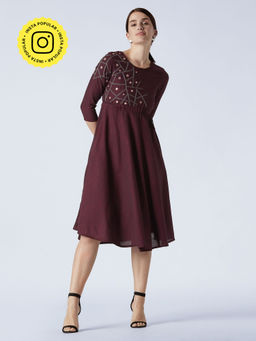 Okhai - Maroon 'Taahira' Embroidery Work Pure Cotton Dress