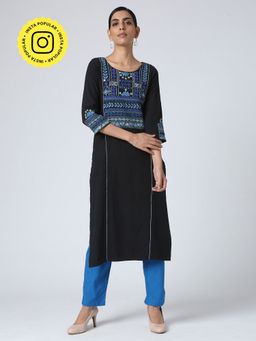 Okhai - Black 'Bavariyo' Cotton Handloom Mirror Work Embroidery Kurta