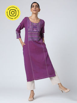 Okhai - Purple Gauhar Mirror Work Hand Embroidery Kurta