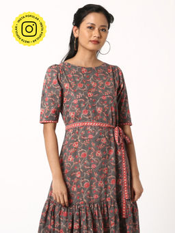 Okhai - Grey Damsel Pure Cotton Hand Block Printed Dress