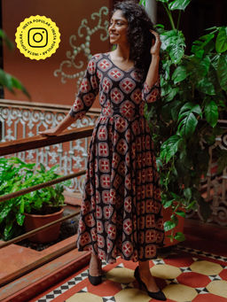 Okhai - Black Pushp Pure Cotton Hand Block Printed Dress