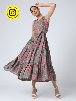 Okhai - Grey Happy Vines Cotton Hand Block Printed Dress