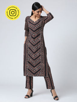 Okhai - Black Bodhi Mirror Work Ajrakh Cotton Kurta With Pant (Set of 2)
