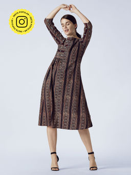 Okhai - Brown Raina Mirror Work Hand Embroidered Pure Cotton Ajrakh Dress