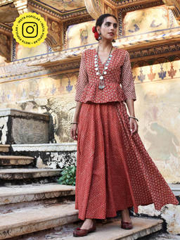 Okhai - Saraswati Pure Cotton Hand Block Printed Wrap Top And Skirt (set Of 2)