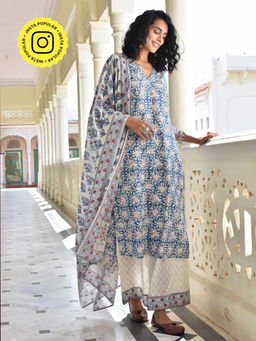 Okhai - Silver Pearl Pure Cotton Hand Block Printed Kurta Pant Dupatta (set Of 3)