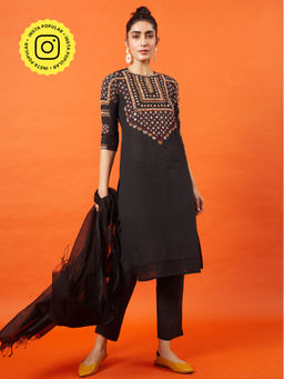 Okhai - Midnight Glimmer Kutch Embroidered Kurta Pant Dupatta (Set of 3)