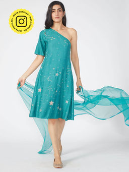 Okhai - Stellar Embroidered One Shoulder Dress With Dupatta (Set of 2)