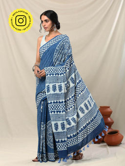Okhai - Janaki Handblock Printed Mirror Work Pure Cotton Saree with Unstitched Blouse Piece