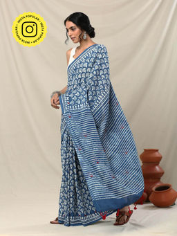Okhai - Shea Handblock Printed Mirror Work Pure Cotton Saree with Unstitched Blouse Piece