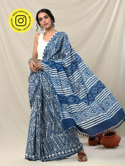 Okhai - Satya Handblock Printed Mirror Work Pure Cotton Saree with Unstitched Blouse Piece