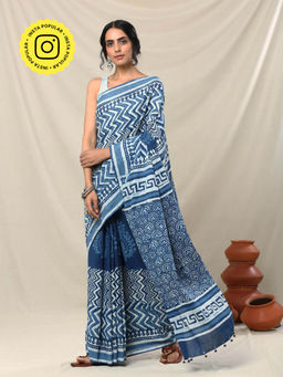 Okhai - Sutra Handblock Printed Mirror Work Pure Cotton Saree with Unstitched Blouse Piece