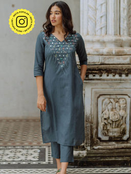 Okhai - River Bed Hand Embroidered Mirror Work Kurta Pant (Set of 2)