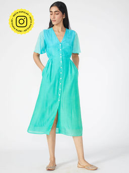 Okhai - Aqua Blue Muslin Silk V-neckline Dress