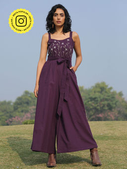 Okhai - Cranberry Pure Cotton Embroidered Sleeveless Jumpsuit