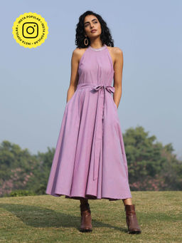 Okhai - Lavender Pearl' Mirror Work Halter Neck Dress