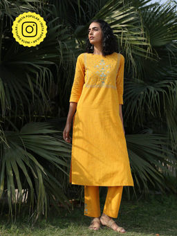 Okhai - Yellow Maple Sand Hand Embroidered Mirror Work Pure Cotton Kurta Pant (Set of 2)