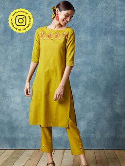 Okhai - Yellow Sahara Hand Embroidered Mirror Work Pure Cotton Kurta Pant (Set of 2)