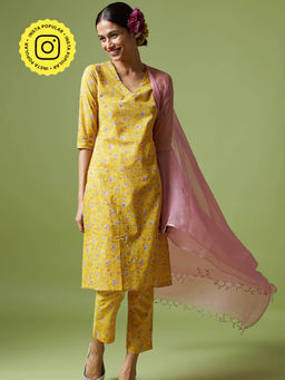 Okhai - Yellow Heavenly Sky Hand Block Printed Kurta Pant Dupatta (Set of 3)
