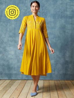 Okhai - Yellow Sand Hand Embroidered Pure Cotton Dress (Set of 2)
