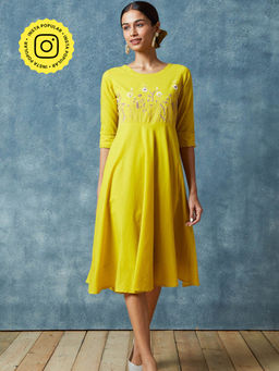 Okhai - Yellow Amber Hand Embroidered Pure Cotton Dress (Set of 2)