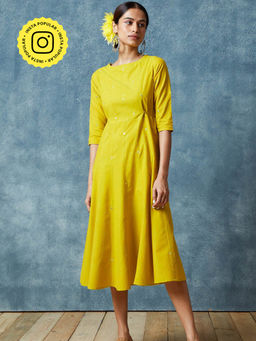 Okhai - Yellow Golden Lover Mirror Work Pure Cotton Dress