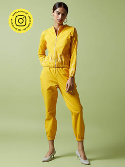 Okhai - Yellow Sunday Hand Embroidered Pure Cotton Bomber Jacket Pant (Set of 2)