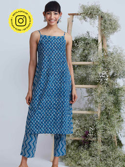 Okhai - Indigo Sand Hand Block Printed Pure Cotton Kurta with Pants (Set of 2)