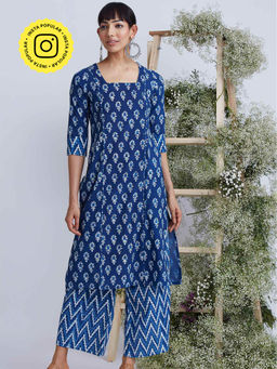 Okhai - Waves Hand Block Printed Pure Cotton Kurta with Palazzo (Set of 2)