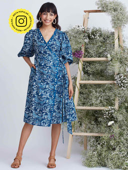 Okhai - Sea Life Hand Block Printed Pure Cotton Wrap Dress