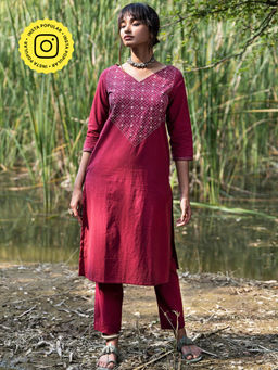 Okhai - Whispering Rose Hand Embroidered Mirror Work Kurta Pants (Set of 2)