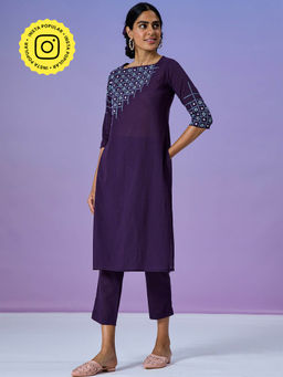 Okhai - Resilient Pure Cotton Hand Embroidered Mirror Work Kurta Pant (Set of 2)