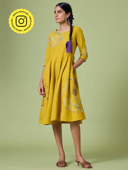 Okhai - Yellow Daylily Pure Cotton Hand Embroidered Mirror Work Dress