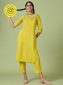 Okhai - Yellow Sunshine Pure Cotton Hand Embroidered Kurta Pant (Set of 2)