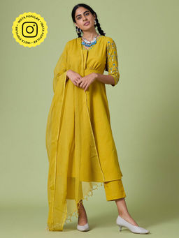 Okhai - Yellow Chemistry Pure Cotton Hand Embroidered Mirror Work Kurta Pant Dupatta (Set of 3)