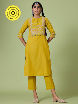 Okhai - Yellow Magical Music Pure Cotton Hand Embroidered Mirror Work Kurta Pant (Set of 2)