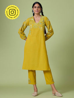 Okhai - Yellow Daisy Pure Cotton Hand Embroidered Mirror Work Kurta Pant (Set of 2)