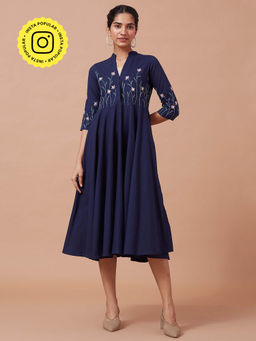 Okhai - Navy Blue Blooming Garden Pure Cotton Hand Embroidered Mirror Work Dress