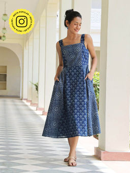 Okhai - Indigo Spirit Pure Cotton Hand Block Printed Dress