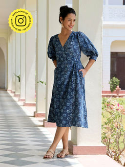 Okhai - Meanderer Pure Cotton Hand Block Printed Wrap Dress