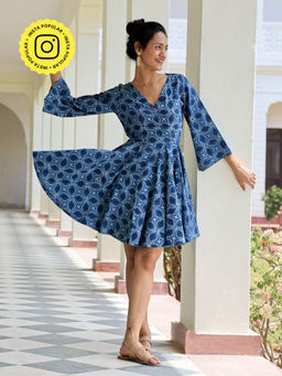 Okhai - Mingle-mangle Hand Embroidered Mirror Work Hand Block Printed Dress